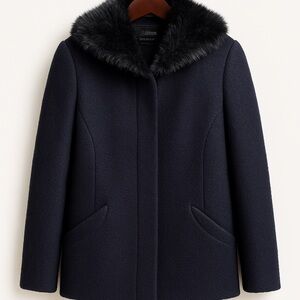 Laundry By Shelli Segal Navy Fur-Trimmed Pea Coat
